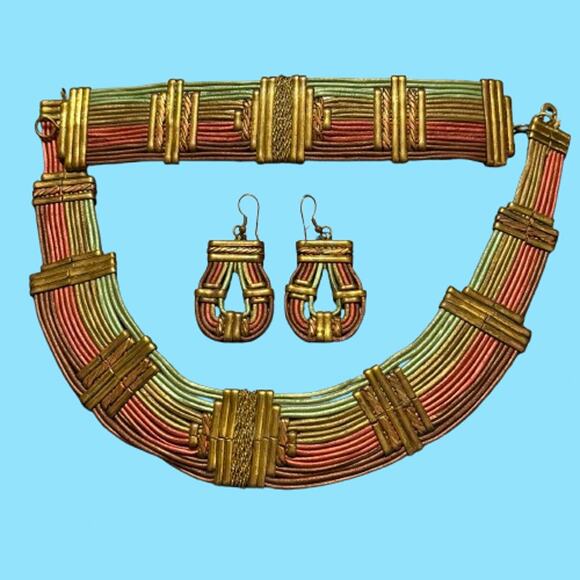 Vintage Alexis Kirk 70s Brass Leather Tribal Jewelry Set - Picture 3 of 12